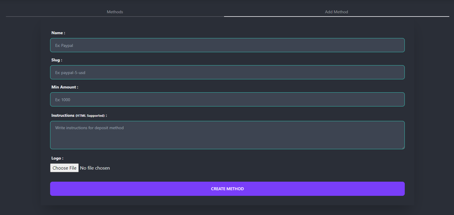 Deposit Methods Settings